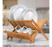 Escurreplatos de madera de bambú resistente, plegable y ahorra espacio | Diseño ecológico, sostenible e idóneo para sustancias alimentarias | Organizador de cocina con capacidad para hasta 34 platos |
