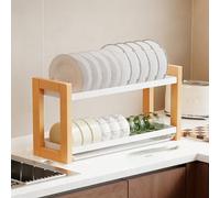 Escurreplatos de madera maciza de doble capa, escurridor de cocina de nogal y organizador de encimera de varios niveles para cuencos, platos y condimentos, almacenamiento duradero y elegante