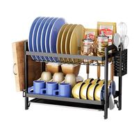 Escurreplatos, Escurreplatos de Cocina a Prueba de Herrumbre con Bandeja de Goteo y Soporte para Utensilios, Escurridor para Fregadero para Encimera de 2 Niveles - Negro