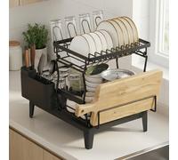 Escurreplatos, Escurridor para Encimera de Cocina de 2 Niveles, Giratorio 360° y Extensible, con Soporte para Cubiertos, 31 x 42 x 36,5 cm, Negro Tinta