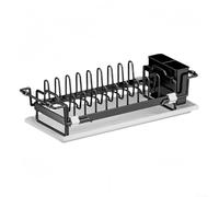 Escurreplatos extensible para encimera con bandeja de drenaje y compartimento para cubiertos con ventilación (negro)