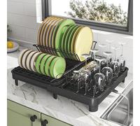 Escurreplatos para ahorrar espacio, escurridor de platos con pies elevados, soporte para cubiertos extraíble y caño giratorio, acero al carbono para platos, vasos y otros cubiertos