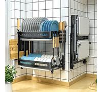 Escurreplatos plegable de 2/3 niveles, escurridor de platos de acero inoxidable montado en la pared para cocina con bandeja de drenaje extraíble, soporte para cubiertos y tabla de cortar, color negro