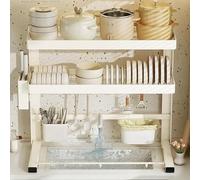 Escurridor de fregadero de 2 niveles con deflector de agua, escurridor de acero inoxidable con gran capacidad, organización multifuncional de cocina, cesta de almacenamiento de platos (82,5 cm)