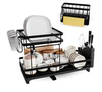 Escurridor de Platos Acero Inoxidable con Soporte para Esponja, Jabon y Paño de Cocina - Escurreplatos sobre Fregadero Grande 2 Niveles Ajustables para Fregadero con Drenaje Giratorio