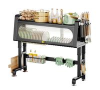 Escurridor de platos con cesta colgante, diseño ajustable de 2 niveles sobre el fregadero, estante de metal para drenaje de platos de pie que ahorra espacio para encimera de cocina, color negro