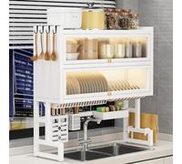 Escurridor de platos con puerta abatible de metal de 65 cm para platos, tazas y cuencos, solución de almacenamiento de cocina que ahorra espacio, color blanco