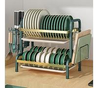 Escurridor de platos de 2 niveles con bandeja de drenaje y soporte para utensilios, organizador de encimera de cocina para un secado eficiente y soluciones de ahorro de espacio