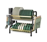 Escurridor de platos de 2 niveles con bandeja de goteo y soporte para utensilios, organizador de encimera de cocina que ahorra espacio para un secado eficiente y fácil acceso a tus utensilios de