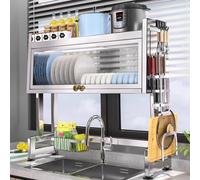 Escurridor de Platos de 2 Niveles con Tapa para Colocar sobre el Fregadero, Acero Inoxidable 304, escurridor Grande, Estante de Secado con múltiples Compartimentos, Organizador Que Ahorra es