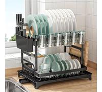 Escurridor de platos de 2 niveles, estante de secado de platos negro con bandeja de goteo, utensilio y soporte para tabla de cortar, escurridor de fregadero a prueba de óxido para encimera de cocina