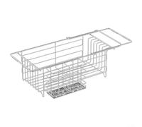 Escurridor de platos de acero inoxidable con ancho ajustable y soporte para utensilios, diseñado para adaptarse a varios tamaños de fregadero de cocina para un mejor secado y almacenamiento