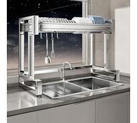 Escurridor de Platos de Acero Inoxidable de Doble Capa para Fregadero de Cocina con Gancho, Ajustable de 67 a 97 cm.