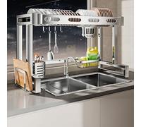 Escurridor de Platos de Acero Inoxidable de Doble Capa para Fregadero de Cocina con Gancho, Ajustable de 67 a 97 cm.
