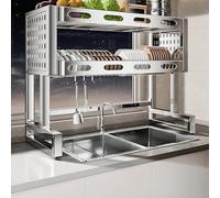 Escurridor de Platos de Doble Capa, Apto para Fregadero de Cocina, con Gancho, Acero Inoxidable 304.