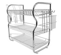 Escurridor de platos desmontable de 2 niveles, escurridor de platos con soporte y bandeja de goteo, con soporte para utensilios, escurridor de tazas para encimera de cocina, 42 x 25 x 43,5 cm (plata)