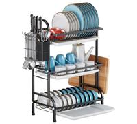 Escurridor de Platos Escurreplatos Metal de 3 Niveles Escurridor Platos para Fregadero Estante de Platos Cocina con Bandejas de Goteo y Porta Utensilios