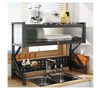 Escurridor de platos extensible de 2 niveles multifuncional con ganchos y puerta de armario, color negro, 100 x 34,5 x 82 cm, solución de almacenamiento para ahorrar espacio