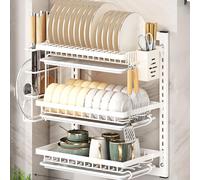 Escurridor de platos montado en la pared con escurridor, escurreplatos de doble capa de varios niveles para un almacenamiento eficiente en la encimera de la cocina
