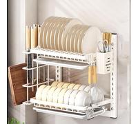 Escurridor de platos, montado en la pared con escurridor, ganchos y soporte para cubiertos, ahorro de espacio ajustable, no requiere taladrar, organizador de cocina