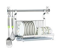 Escurridor de platos multifuncional montado en la pared con barra for colgar, escurridor de platos plegable con escurridor, escurridor de platos de acero inoxidable con 3 ganchos móviles, plateado