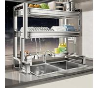 Escurridor de Platos, Organizador de Fregadero de Cocina Ajustable de Doble Capa, Acero Inoxidable 304, diseño Que Ahorra Espacio con Ganchos para Platos y Utensilios.