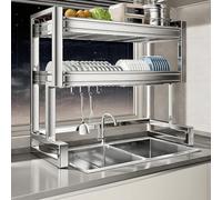 Escurridor de Platos, Organizador de Fregadero de Cocina de Acero Inoxidable de Doble Capa con Ganchos, Ajustable de 67 a 97 cm, diseño Que Ahorra Espacio para la Cocina.
