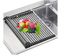 Escurridor de platos plegable de acero inoxidable - Escurreplatos enrollable sobre el fregadero, organizador de cocina multiusos, ahorra espacio, color negro, 34 x 33 cm, 46 x 33 cm