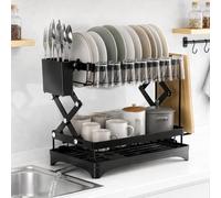 Escurridor de Platos Plegable para Fregadero, 2 Niveles, Altura Ajustable, Drenaje de 3 vías, Gran Capacidad, Bandeja de Goteo, Soportes para Tazas, Cubiertos y Tabla de Cortar, encimera de Cocina.