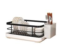 Escurridor de platos sobre el fregadero con bandeja de goteo, soporte extraíble para cubiertos, material ABS resistente a los arañazos, 34 x 26 x 15 cm, ahorra espacio en la cocina (negro)