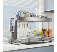 Escurridor de platos sobre fregadero SUS304 mejorado: rejilla de 2,5 cm de grosor, gran capacidad de almacenamiento para cuencos/ollas, estabilidad de doble columna.(Single layer,76cm/29.9in)