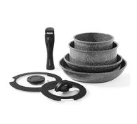 ESEVOLO - Juego de sartenes y sartenes (7 piezas, con asas extraíbles, apilable, revestimiento antiadherente de cerámica sin PFAS, con tapa de cristal, color gris