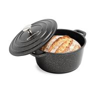ESEVOLO - Olla de hierro fundido (24 cm), diseño redondo de aluminio fundido con revestimiento antiadherente, olla con tapa, ideal para sopa, guisos, pan, horno y gas, color negro