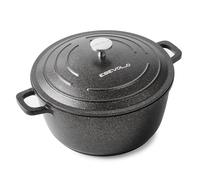 ESEVOLO - Olla de hierro fundido (24 cm), diseño redondo de aluminio fundido con revestimiento antiadherente, olla con tapa, ideal para sopa, estofados, pan, horno y gas, color negro