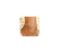 ESHIONER Pulsera Tobillera Para Mujer Plata Tobillera De Cadenas Tobillera De Doble Capa Ajustable Corazón Pie De Playa Pulseras De Cuentas Impermeable Joyas Multicapa Pulseras Tobilleras para Mujer