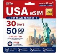 ESIM de Estados Unidos para viajar a los Estados Unidos | 30 días 50 GB de datos + llamadas locales e internacionales ilimitadas/SMS | Llamadas gratuitas a casa | eSIM en horas a través de la