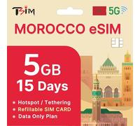 eSIM de Marruecos 15 Días - Plan de 5GB | Datos de Alta Velocidad 5G/4G | eSIM en 24 Horas | Hotspot/Tethering Habilitado | eSIM Recargable | Plan Solo de Datos