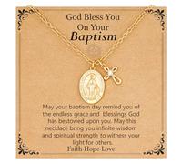 Esirly Regalos de primera comunión, confirmación de bautizo, collar de cruz de la Virgen María para mujer, collar chapado en oro de 14 quilates, joyería religiosa de 18 + 2 pulgadas, 18 inches, Latón