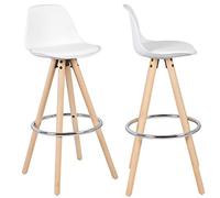 eSituro 2X Taburetes de Bar Sillas Altas, Asiento Tapizado de Cuero Sintético Juego de 2 Taburete Alto Patas de Madera con Respaldo Sillas Comedor Blanco SBST0215