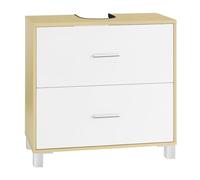 eSituro Armario Baño, Armario de Baño con 2 Cajones y 2 Cubos Interiores, Orificio Sifón 15x20 cm, de Madera de Ingeniería E1 con Patas Elevadas,Blanco+Madera, 60x30x60 cm