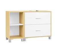 eSituro Armario Baño, Mueble Baño Bajo Lavabo con Cajones y Gabinete Lateral Separable, Armario de Almacenamiento con Recorte Sifón 20x14,5 cm y Estante Ajustable, Blanco + Color Madera