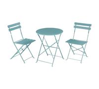 eSituro Conjunto Mesa Bistró con 2 Sillas Plegables, Mesa Redonda y Sillas Modernas para Terraza Exterior, Muebles Jardín para 2 Personas, Estructura en Metal Resistente, Azul