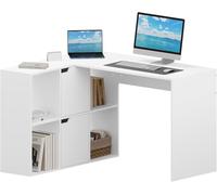 eSituro Escritorio de Oficina, Escritorio en Forma L, 120x100x75 cm, Mesa de Estudio con 6 Compartimentos, Mesa PC Ordenador para Oficina Dormitorio, Blanco