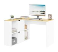 eSituro Escritorio de Oficina, Escritorio en Forma L, 120x100x75 cm, Mesa de Estudio con 6 Compartimentos, Mesa PC Ordenador para Oficina Dormitorio, Roble Claro + Blanco
