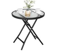 eSituro Mesa Auxiliar Plegable, Mesita de Jardin, Mesa Plegable Exterior Pequeña para Terraza, Balcón y Patio, Metal Tablero de Cristal, Redonda Negro+Transparente φ46x47,5cm