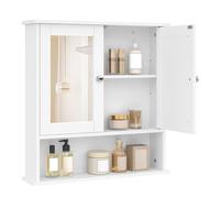 eSituro Mueble de Baño con Espejo, Armario Baño de Pared, Mueble Colgante de Pared con Toallero y Estante, con Puertas,Blanco, 56x58,3x13 cm