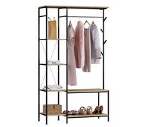 eSituro Perchero con banco 3 en 1, 4 estantes, 4 ganchos, para pasillo, oficina, dormitorio, 100 x 40 x 175 cm, roble claro y negro SGR0150