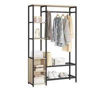 eSituro Perchero Ropa con Zapatero, 2 Estantes, 2 Compartimentos Abiertos y Barra de Colgar, para Entrada Recibidor, Madera+Metal, Roble Claro+Negro