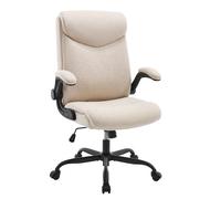 eSituro Silla Ergonomica Escritorio con Respaldo y Reposabrazos Abatibles, Silla de Trabajo Giratoria con Función Mecedora, Algodón y Lino, Beige