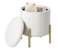 eSituro Taburete Almacenaje Redondo, 18L Baul Almacenaje Plegable con Asiento Tapizado en Felpa, Taburete Bajo con Almacenamieto, Reposapiés de Sofá y Cama, Patas de Metal, φ35x H41 cm, Blanco